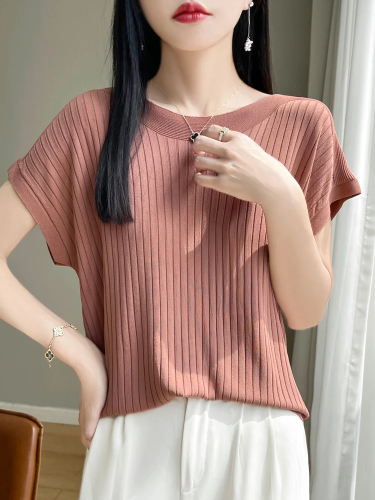 2025 Fashion Slash Neck Women Sweater Ice Silk Spring Summer Knitted Sweater Loose Casual Korean Shirts Short Sleeve Knitwears