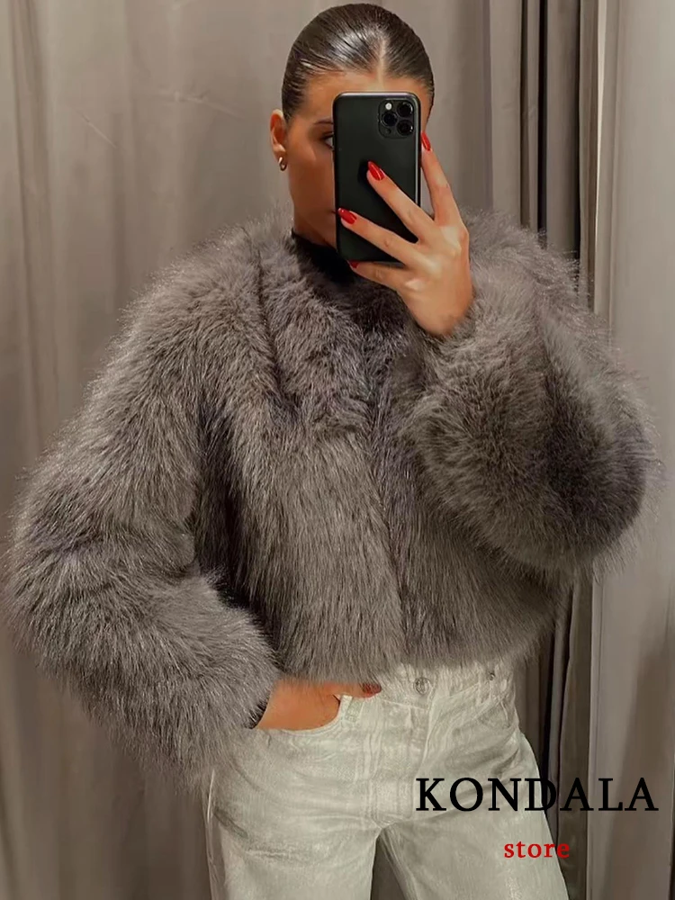 KONDALA Vintage Chic Women Faux Fur Jackets Grey Solid O-Neck Thick Warm Loose Coats Fashion 2023 Autumn Winter Elegant Outwears