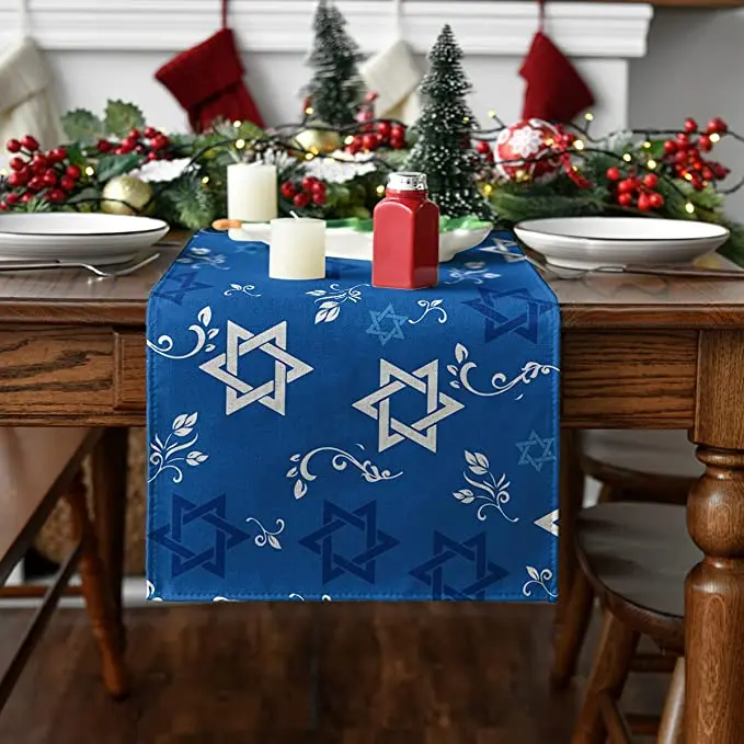 Blue Hexagon Passover Table Runner, Jewish Menorah Hanukkah Holiday Kitchen Table Decoration Home Party Decoration