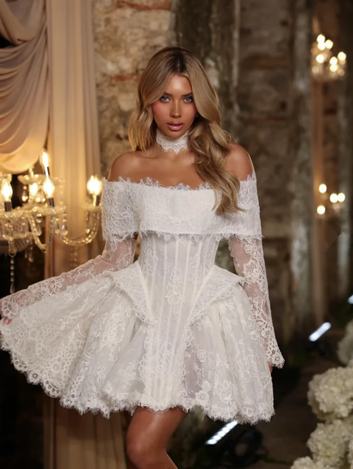 Little White Dress Off Shoulder Short Beach Wedding Gown Long Sleeve Ruched Lace Applique Bride Second Dresses Customized
