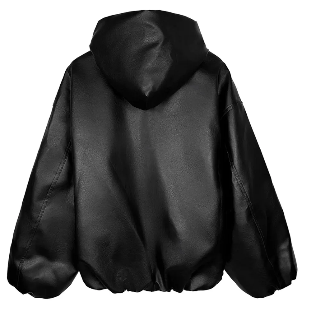 High Street Black Color Pu Leather WIndbreaker Coat Mens and Women Cleanfit Casual Loose Zipper Hooded Jackets Oversized