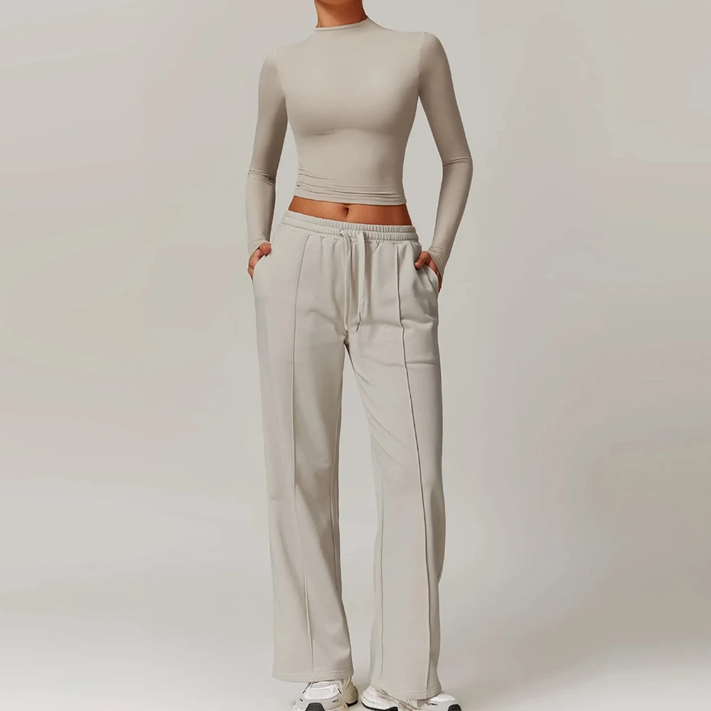 Winter Sportswear 2 Pieces Yoga Sets Gym Clothes Yoga Tracksuits For Women Long Sleeve Sports Tops + Fitness Straight Pants Sets