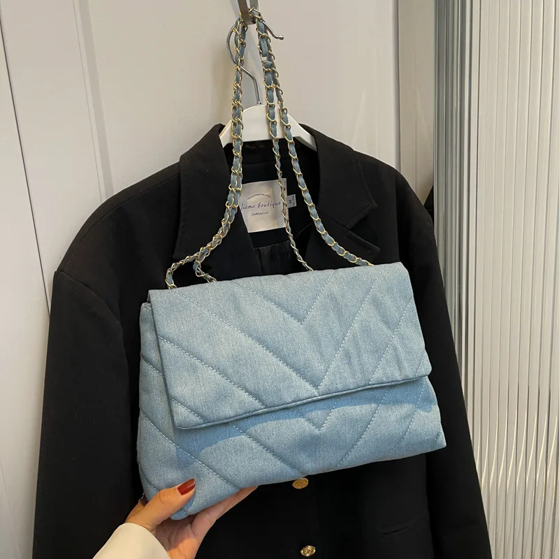 Borsa donna moda lusso Denim blu borsa a tracolla valigetta Messenger borse grande capacità studio lavoro Street Tote Bag borse