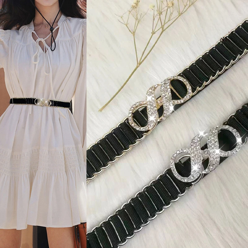 

New Diamond Studded Pearl Elastic Waistband for Women Paired with Dress Belt Black Slim Waist Seal Slimming Waist Accessory