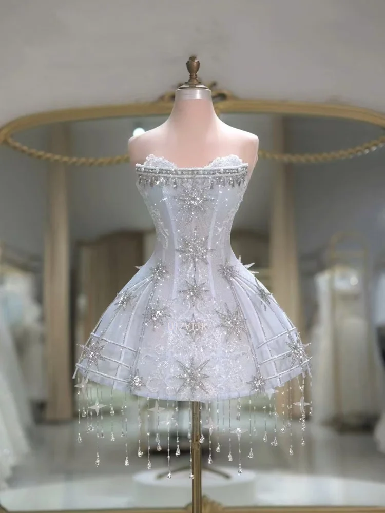 Fully Handmade Short Wedding Dress Luxury Corset Strapless Prom Dress Star Crystal Tassel Glitter Lace Mini Bridal Party Gown