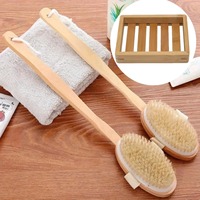 Wooden Soap Box Shower Brush Set Natural Bristle Detachable Long Handle for Back Exfoliating Massager Bathroom Accessories Set
