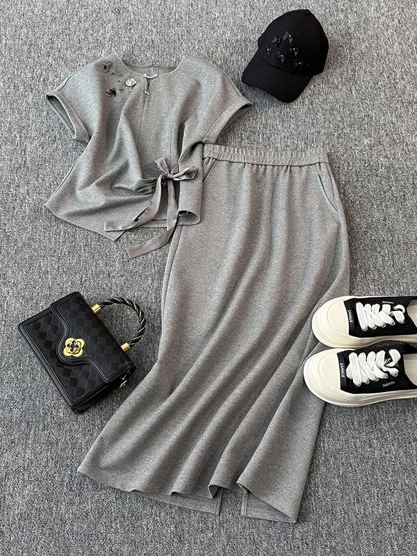 

Summer Casual Sporty Two-Piece Set Women's Design Sensible Grey Short Sleeve Top High Waist Skirt Comfortable Slimming Style
