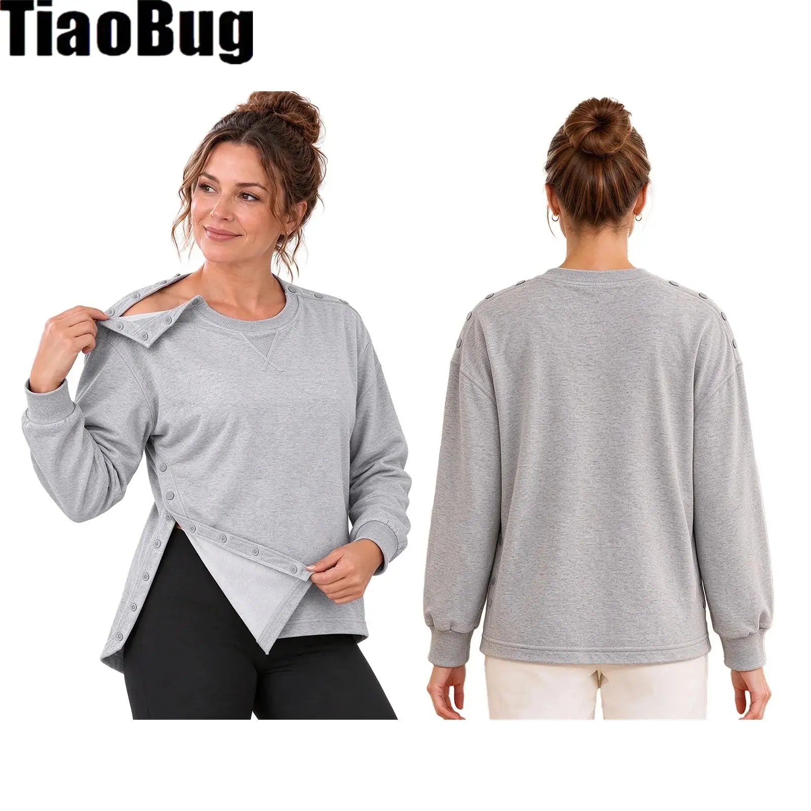 Women Post Surgery Recovery Top Solid Color Long Sleeve Press Buttons Closure Adaptive Sweatshirt