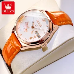 OLEVS 6611 Dual Calendar Mechanical Watch For Women Original Top Brand Leather Hand Clock Waterproof Woman Automatic Watches