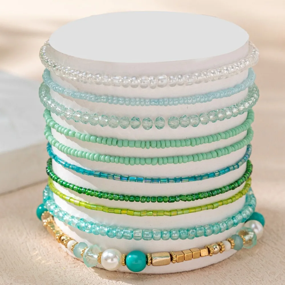 10 قطعة/المجموعة الحلو الملونة البوهيمي الخرز أساور اللؤلؤ تكويم مطرز متعدد الطبقات أساور لامعة سحر الإسورة مجموعة النساء النساء