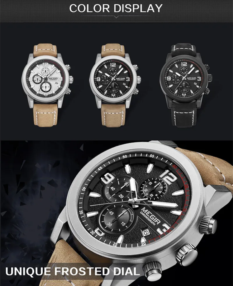 MEGIR Chronograph Top Brand Luxury Casual Sports Watches Leather Strap Quartz Wrist Watch Waterproof Calendar Men Business Clock