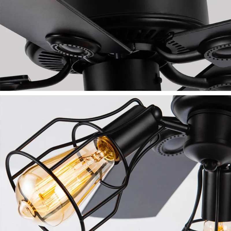 Imagem -05 - Black Retro Wooden Blades Teto Fan Light American Estilo Iron Silent Simple Fan Lamp Led Chandelier For Dining Room And Bedroom