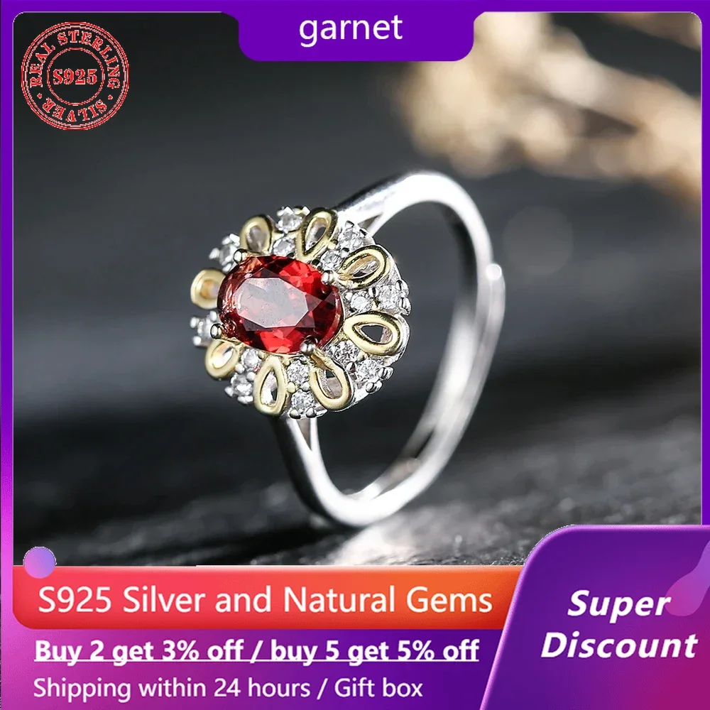 

S925 sterling silver ring plated with 18k gold and inlaid with natural crystal garnet, women's ring, wedding jewelry accessories