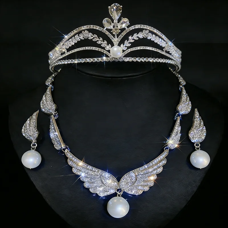 Shiny Wing Shaped Necklace Earrings French Fashion Imitation Pearl Rhinestone Necklace Earrings for Party Banquet Jewelry Set H