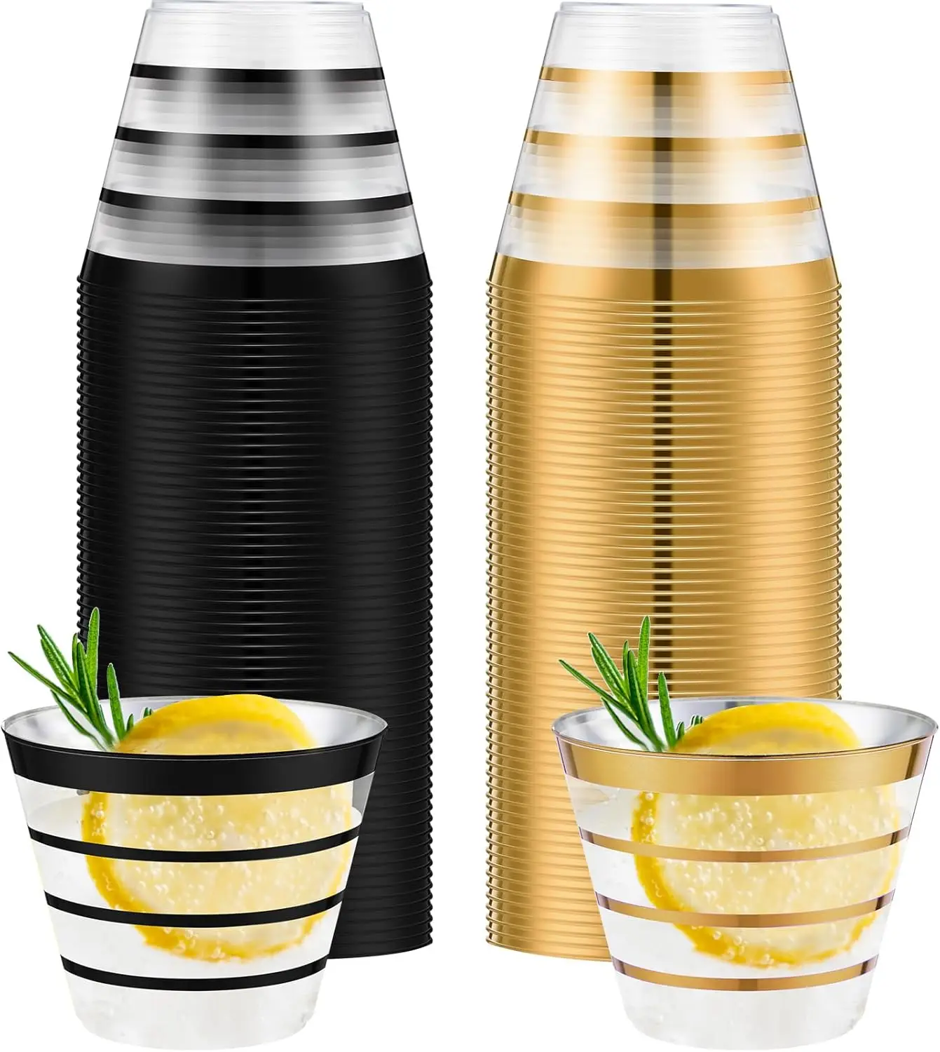 

9-унций пластиковые стаканчики в полоску с оправой, объемные одноразовые винные твердые пластиковые стаканчики для питья для элегантных коктейлей, стаканы для свадьбы