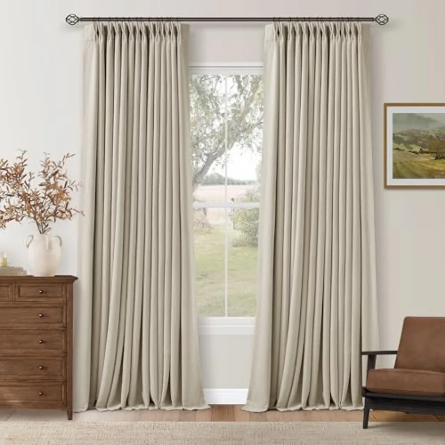 

102 Inch out Linen Pleated Curtains for Bedroom Living Room Darkening Pinch Pleat 100% Out Thermal Insulated Window Drapes Doub