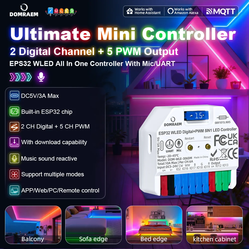 DOMRAEM Super Mini ESP32 WLED Controller Digital+PWM 5IN1 LED Strip Controller Type-C Easy Push-In Terminal WS281X SK6812 HA
