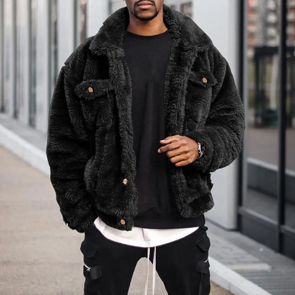 Plush Flannel Men Jacket Warm Plush Fluffy Loose Men Jacket Hip-hop Style Thermal Warm Black Cozy Jacket Streetwear Winter Coat