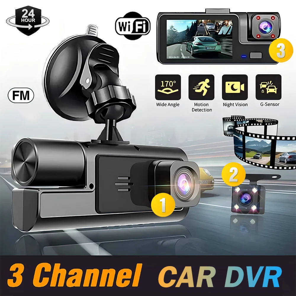 차량용 DVR 3 채널 대시 캠, WIFI 1080P HD 비디오 녹음기, 전방 및 후방 카메라, 블랙박스, 자동차 액세서리 