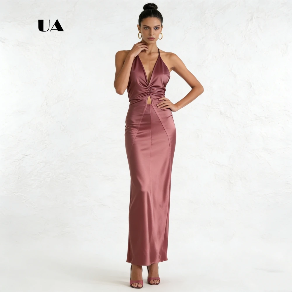 ULBYANRY Satin Halterneck Prom Dress, Solid Shirring Sleeveless Evening Dress for Woman, Cutout Backless Customized Party Gown