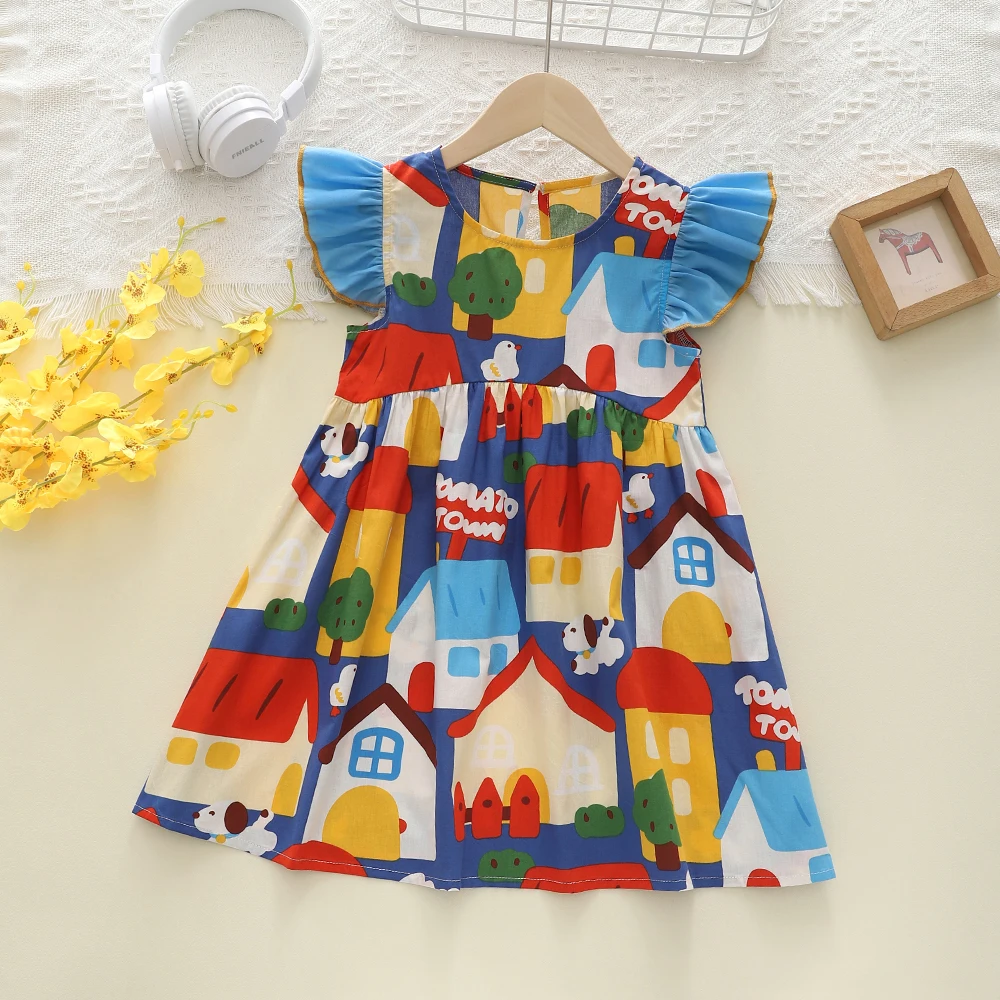 Humor Bear Kids Clothes Girls A-Line Hollow Out Flying Sleeve Graffiti Printing Casual Dress Suit Children