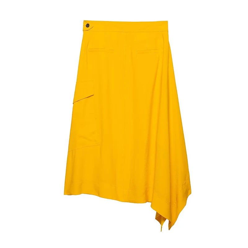 YENKYE Women's Asymmetrical Midi Skirt High Waist Draped Flowy With Pocket Casual Elegant Wear