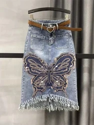 2024 Summer High Waist Denim Skirt Women's Retro Butterfly Studded Diamond Tassel Fringe Edge slim Mid Length Dress