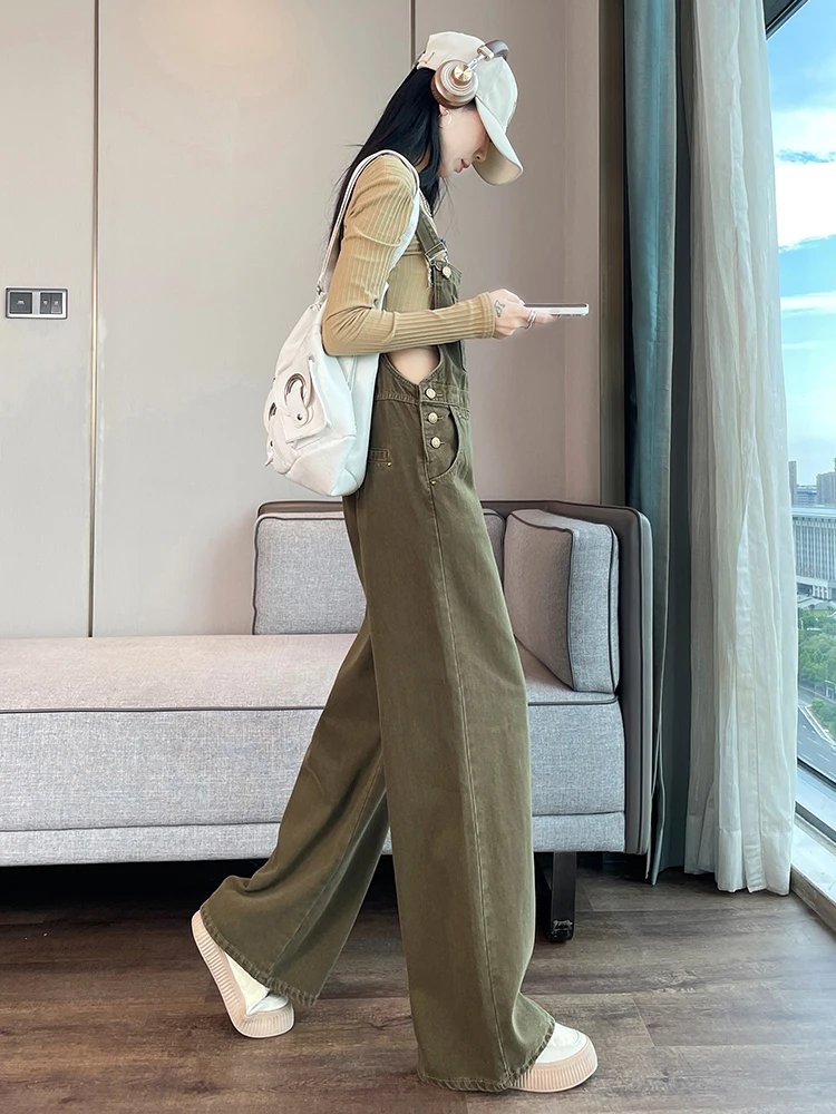 

Vintage Wide Leg Denim Overalls Women's Loose Fit High Waist Cotton Blend Four Season Casual Fashion Korean Style Jeans