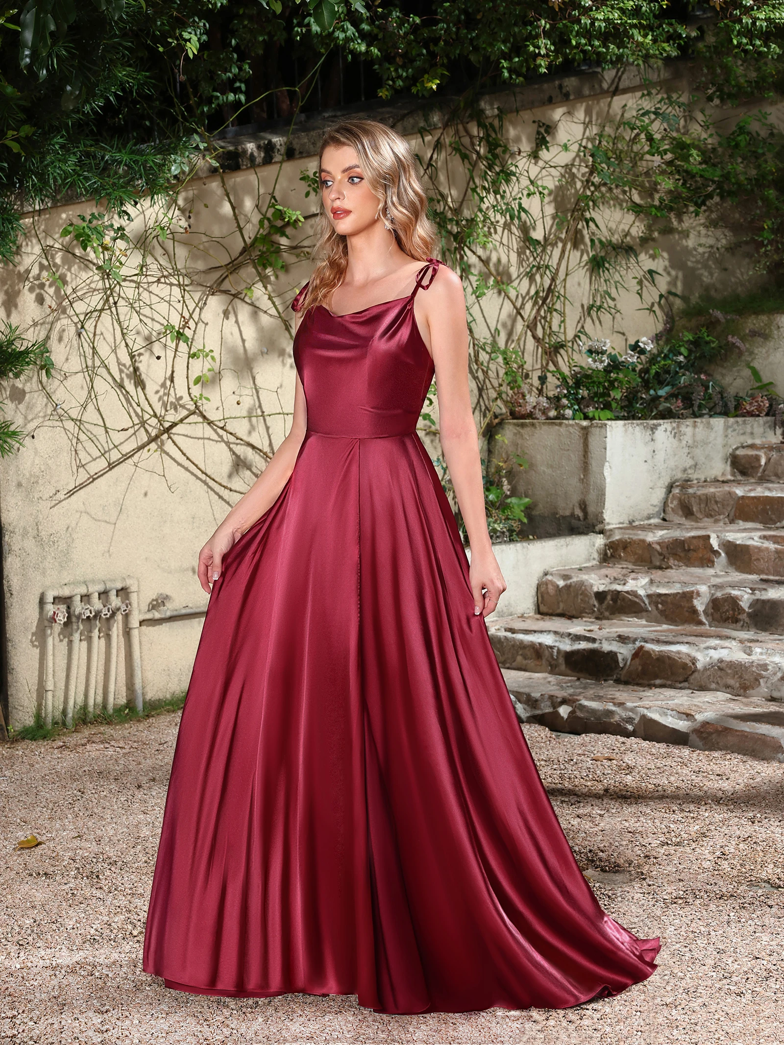 MisShow Long Bridesmaid Dresses Adjustable Spaghetti Straps Backless Sling Evening Dress Satin A-line High Split Party Gowns