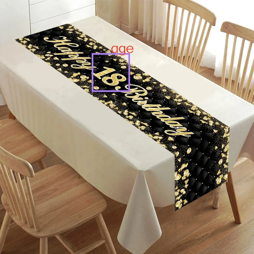 1pc 2D Flat Custom Age Linen Look Black Gold Table Runner Personalized Number Adult Birthday Home Party Decor