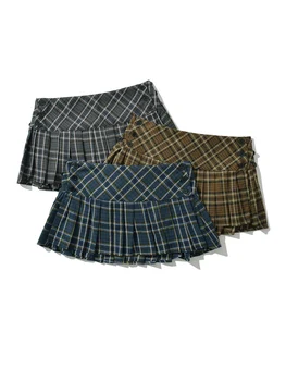 נשים kaopu זה נשים משובץ plepated חצאית מיני וינטג גבוהה כפתור בצד המותניים נשים mujer