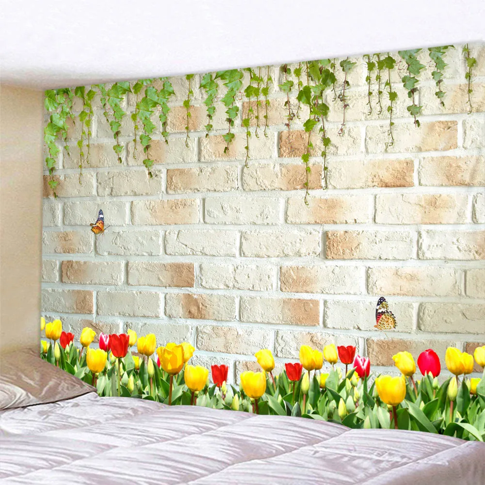 Home decoration tapestry, brick wall, flowers, wall hanging, Bohemian style, imitation window, bedroom living room hanging cloth