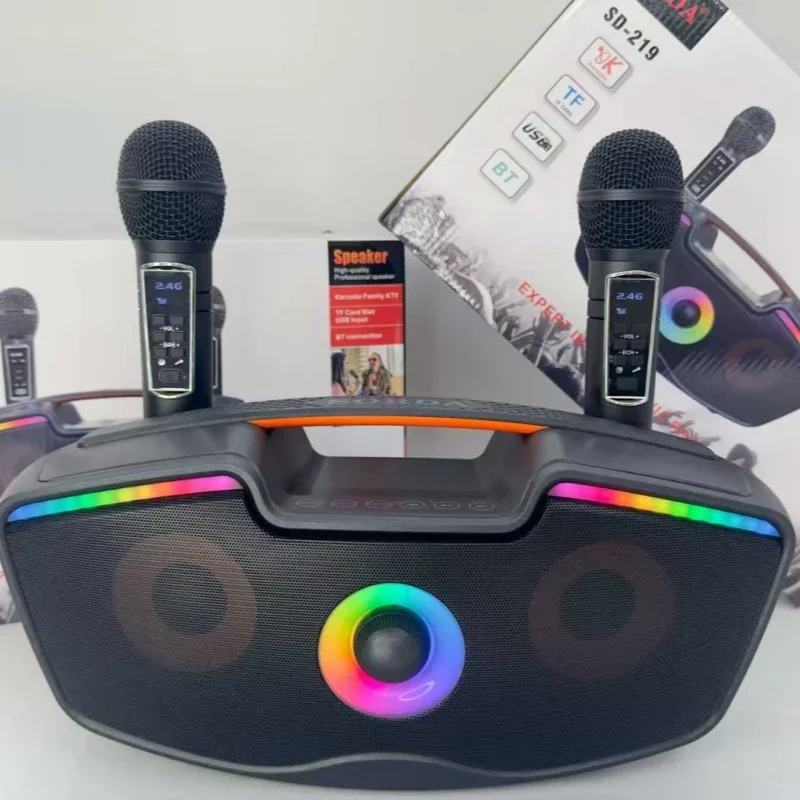 

SD-219 wireless Bluetooth speaker handheld 2 wireless microphones dual choir home karaoke machine integrated RGB ambient light