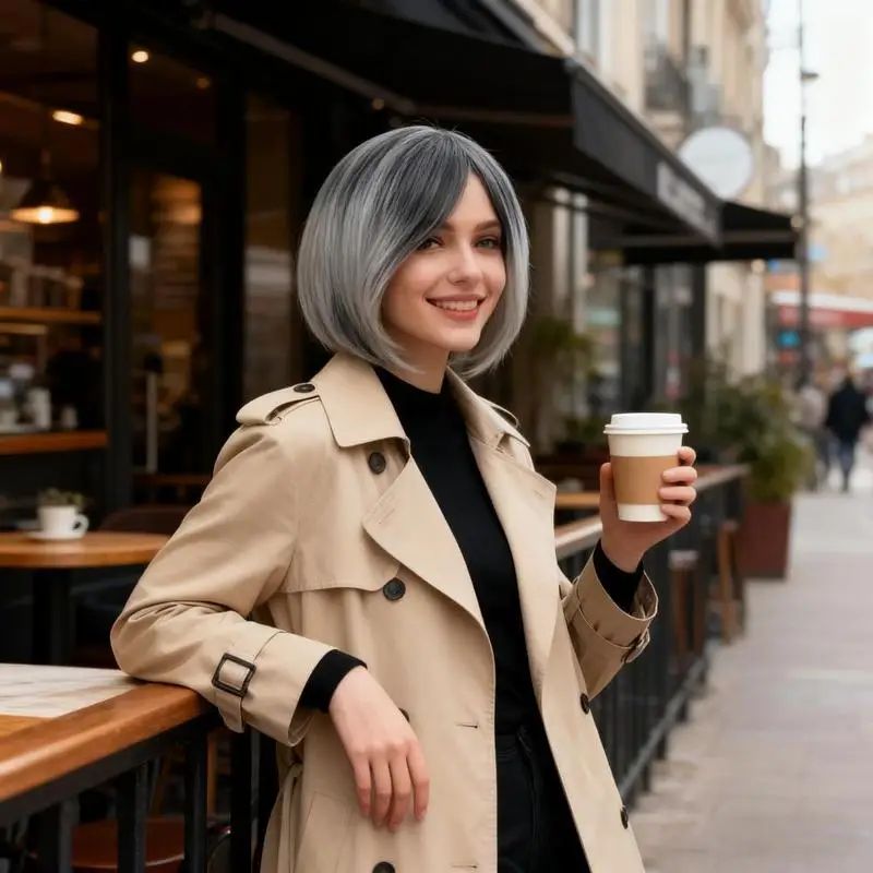 Medium-Parted Short Hair Black And Gray Gradient Women'S Wig Outdoor Simulated High-Temperature Silk Head-Wearing Synthetic Wig