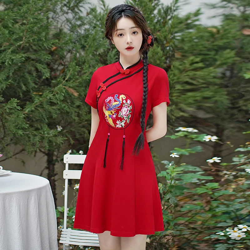 

Винтажное красное платье Ципао для свадебной вечеринки, лето 2021, женское платье Cheongsam с короткими рукавами и вышивкой, китайский Новый год