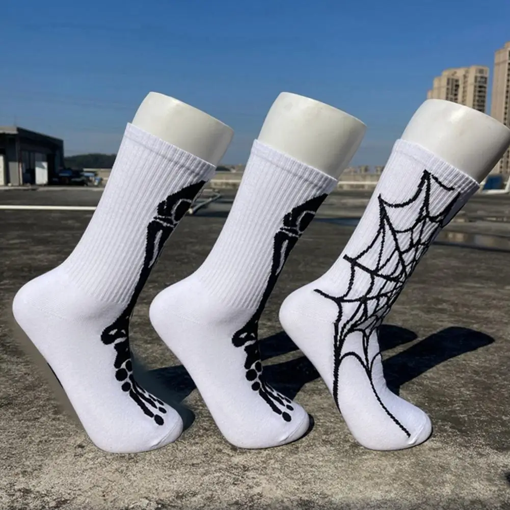 Sweat-absorbent Socks Spider Skull Skeleton Print Halloween Sports Socks High Elasticity Anti-slip Unisex Long for Basketball