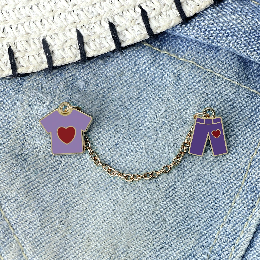 Fashion Cartoon Heart & Pants Enamel Pins Alloy Chain Badge Brooch Premium Clothing Accessories Jewelry Gifts For Men Women Kids
