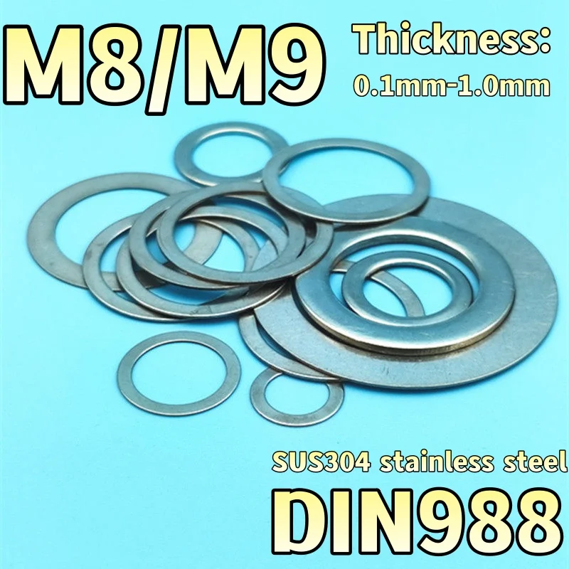 Ruitai M8 M9 DIN988 SUS304 A2 Stainless Steel Adjusting Shim Washers Ultra-thin Plain Washer Flat Gaskets 0.1mm-1.0mm Thickness