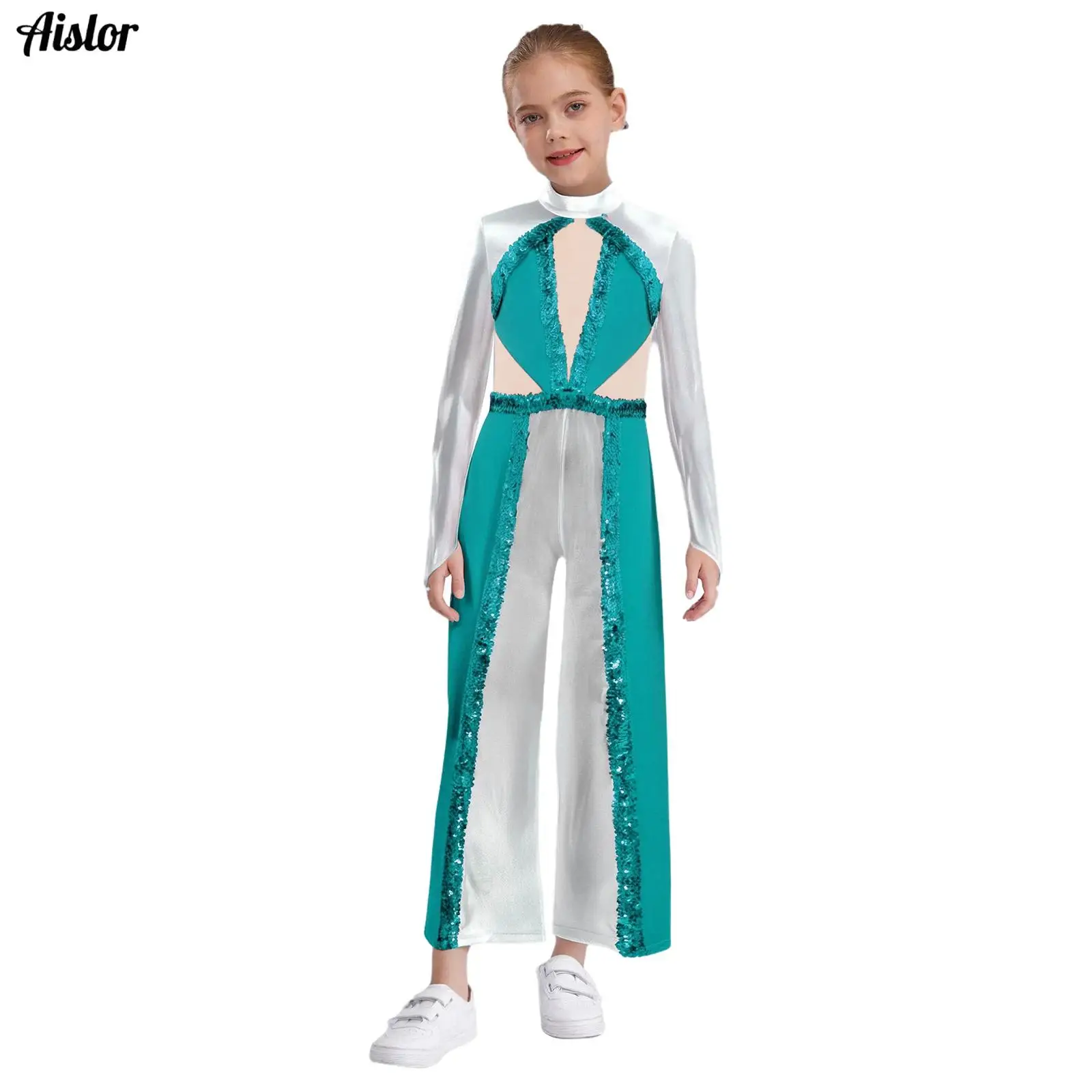 

Kids Girls Liturgical Praise Lyrical Dance Jumpsuit Metallic Shiny Sequins Color Block Long Sleeve Mesh Patchwork Bodysuit Gown