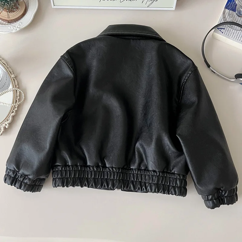 Children's Leather Jacket Coat2024Autumn New Casual Children Embossed Bear SoftPULeather Top