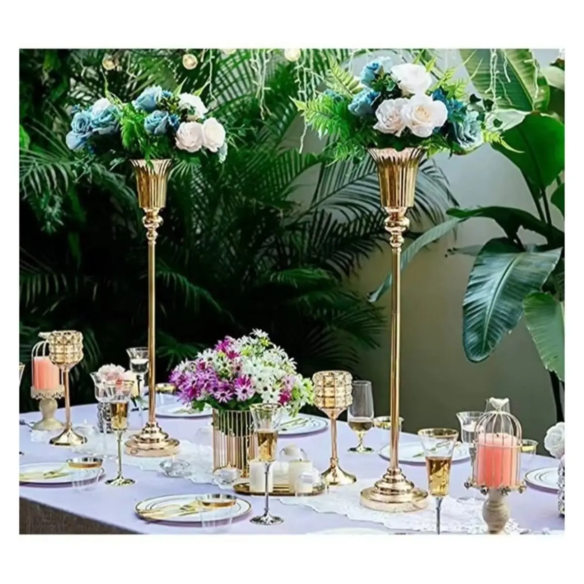 (A95Z] Elegant Metal Flower Vase for Home Decor, Tabletop Artificial Flower Arrangement