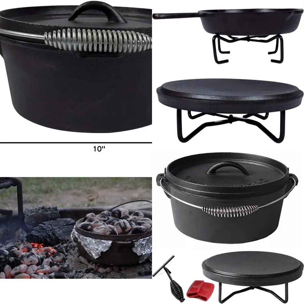 

Cast Iron Camping Dutch Oven 4.1qt with Lid Lifter, Stand, and Silicone Handle Covers