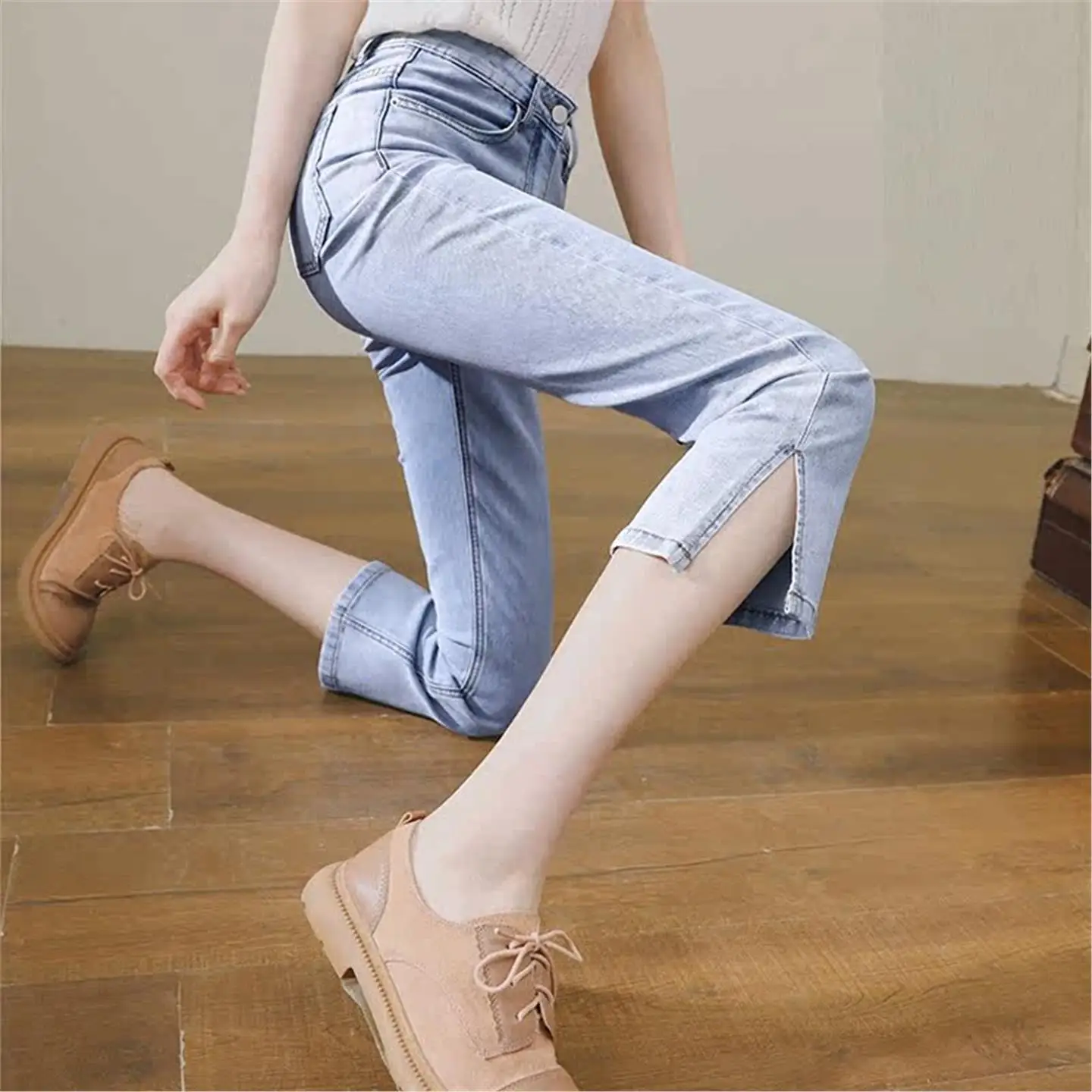 High Waist Slimming Split Straight Leg Denim Jeans Women's Fashion Spring Autumn New Style Stylish Slim Fit Cigarette Pants