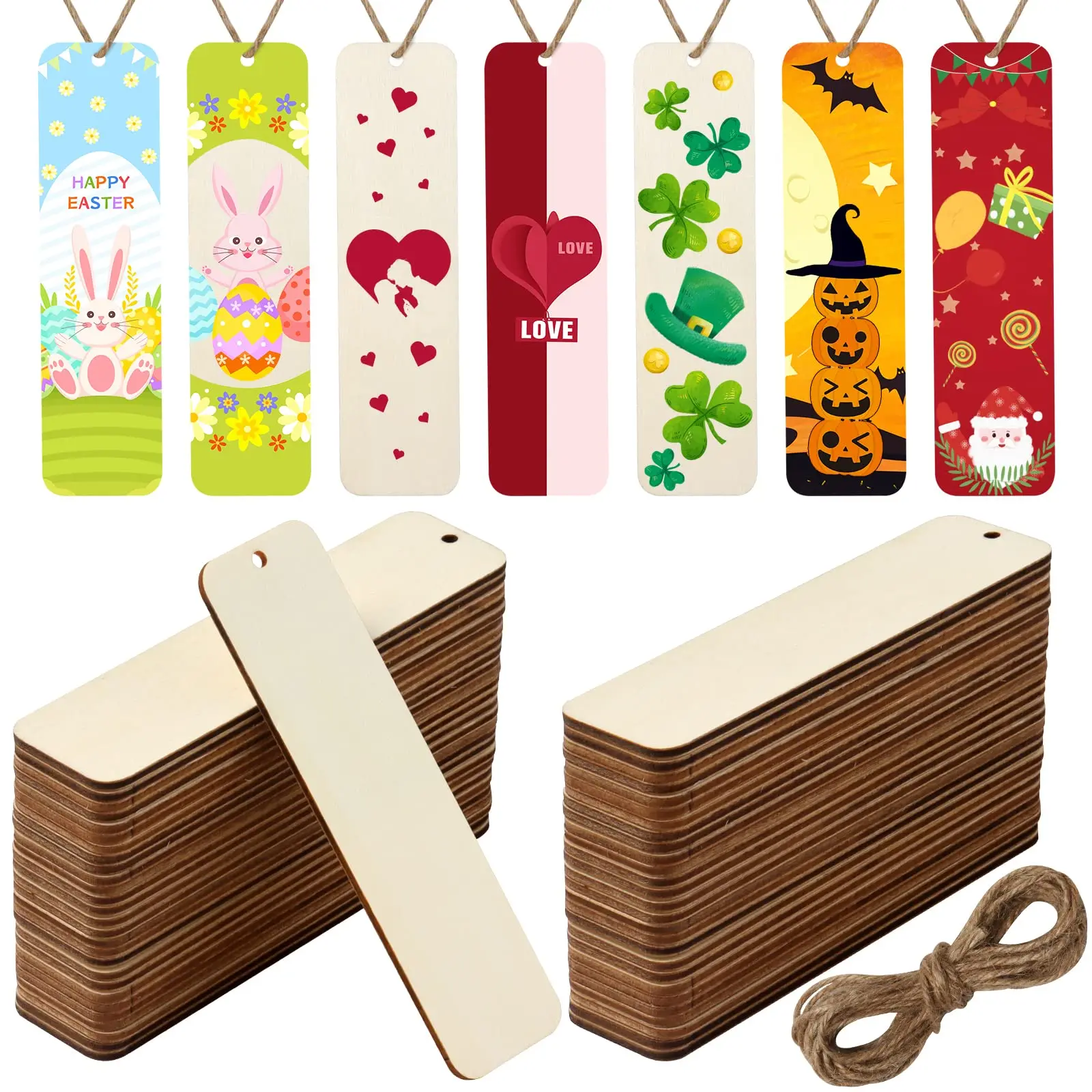 36PCS Wooden Blank Bookmarks Rectangle Wood Hanging Gift Tags Ornaments with Ropes Wooden Craft Bookmark Wood Pieces with Holes