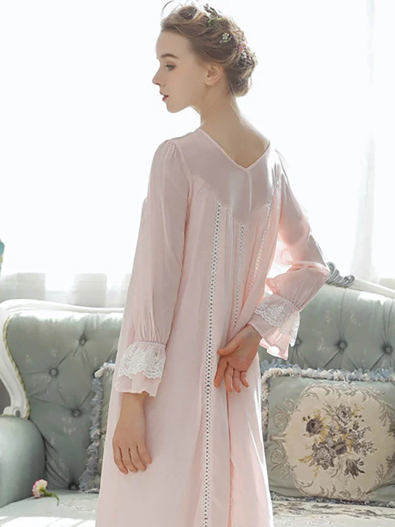 Women Pure Cotton Ruffles V-Neck Vintage Nightgown Robe Long Dress Victorian Romantic Princess Sleepwear Nightdress Home Clothes