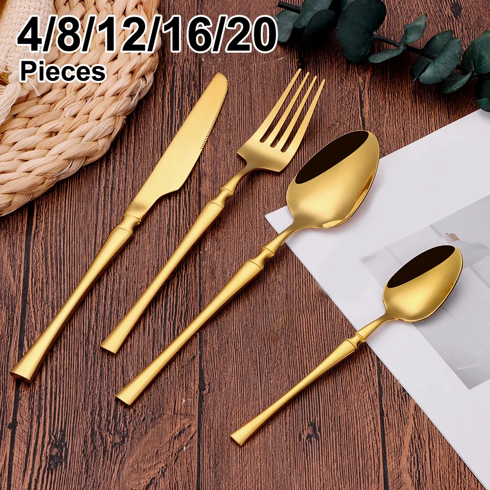 4/8/12/16/20Pcs Gold Cutlery Stainless Steel Thin Tableware Western Dinner Set Sliver Knife Fork Spoon Mirror Kitchen Utensils