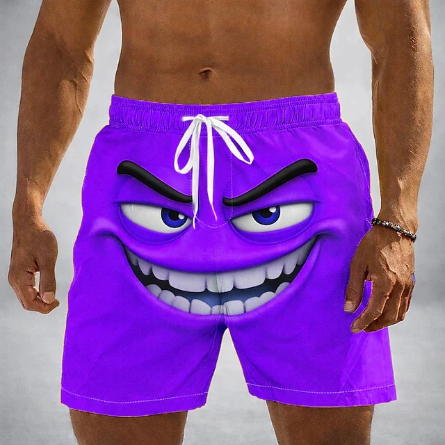 Lustige Badeshorts für Herren mit Cartoon-Gesichtsdruck, schnell trocknend, atmungsaktiv, Kordelzug, elastische Taille, Social-Media-Viral-Stil, Casaul Trunks