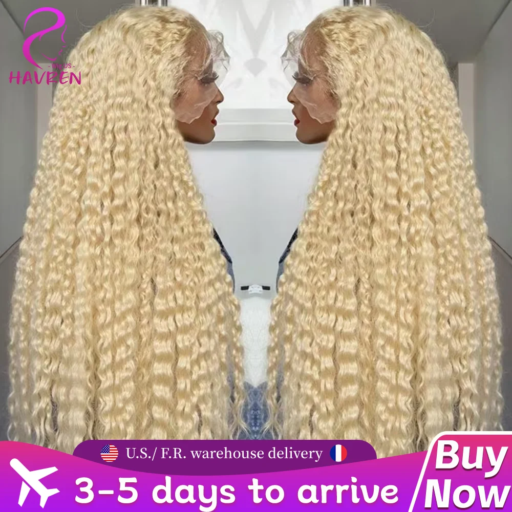 Peluca de Cabello Humano Rizado 613 Rubio Miel con Encaje Frontal Transparente 13x6, Ondas Profundas de 30 Pulgadas, Peluca Frontal de Encaje 13x4 con Ondas de Agua Pre-Arrancada