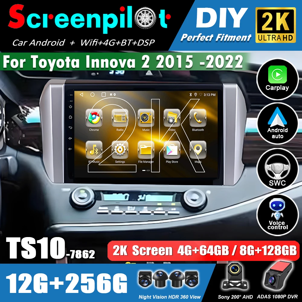 Android 16 Carplay AutoFor Toyota Innova 2 2015 -2022 Android Player GPS Navigation Car Radio Stereo BT WIFI 5G 2K QLED 8 Core