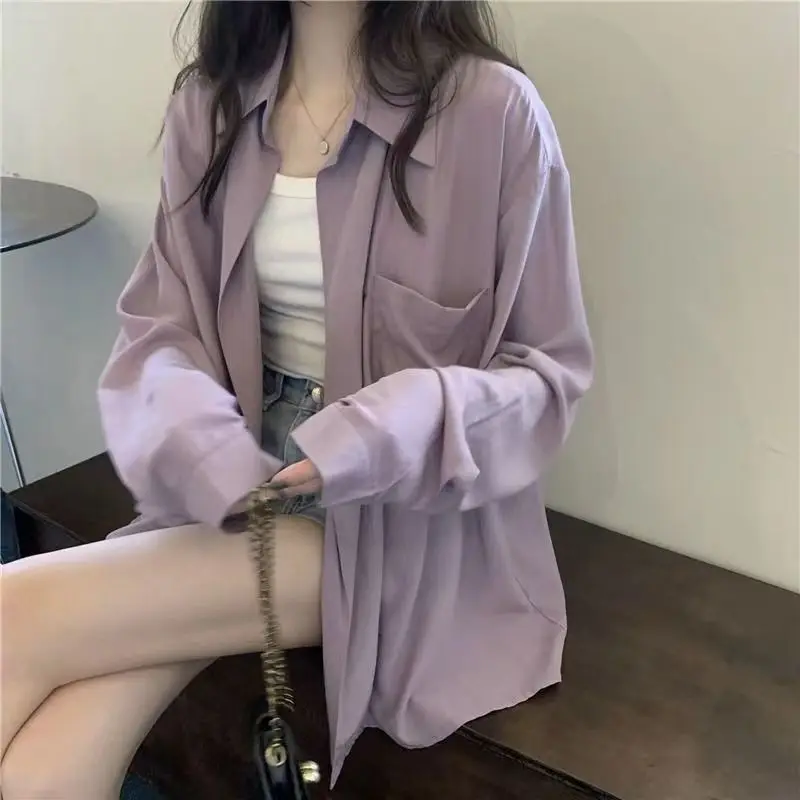 Spring Autumn Purple Shirt Jacket Women's Top Cardigan Clothes Elegant Blouses 2024 Y2k Harajuku Cute Modern Long Youth & Blouse